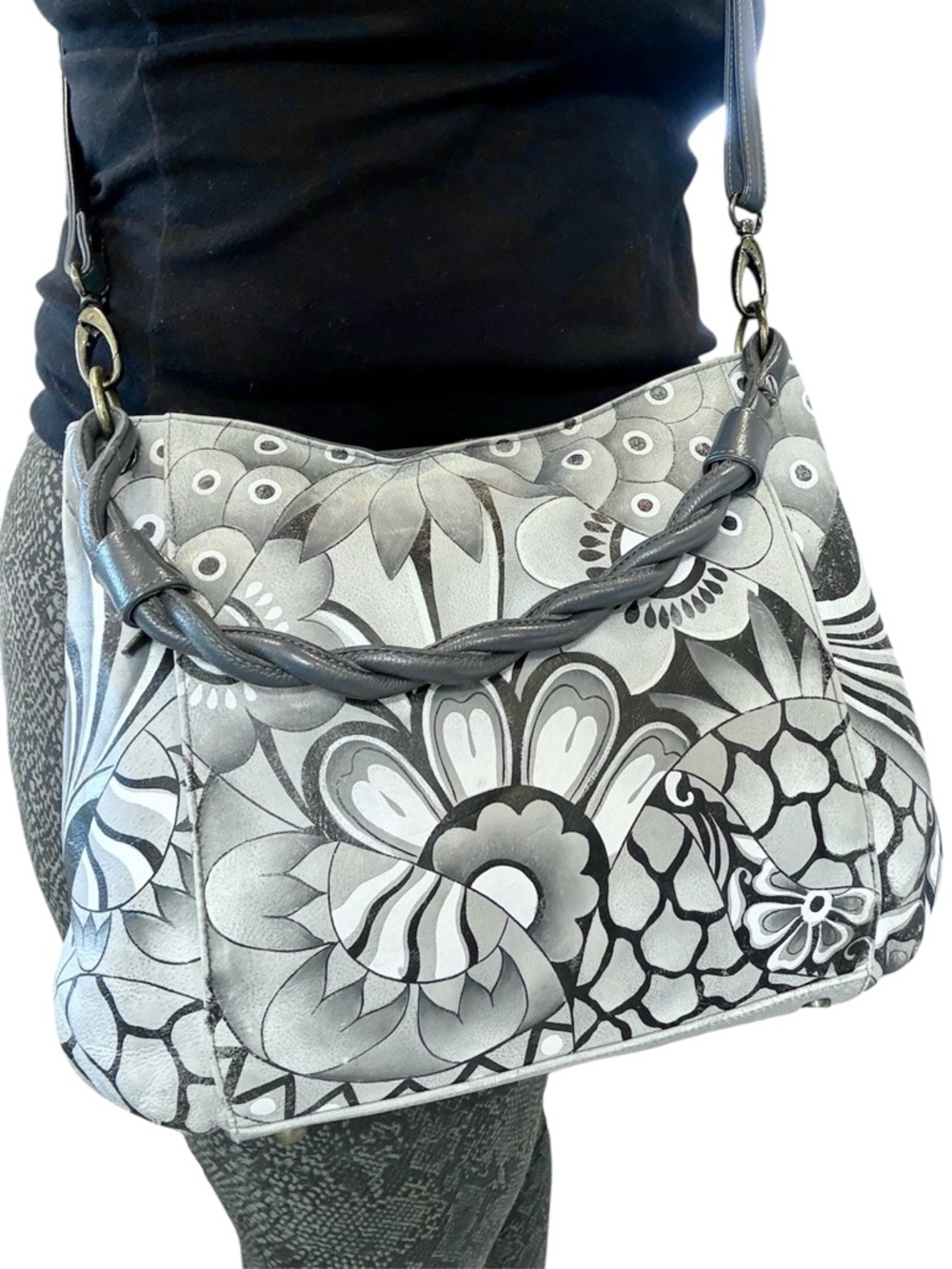 Anuschka Hand Painted Leather Shoulder Bag Purse Large Pewter Gray Black White